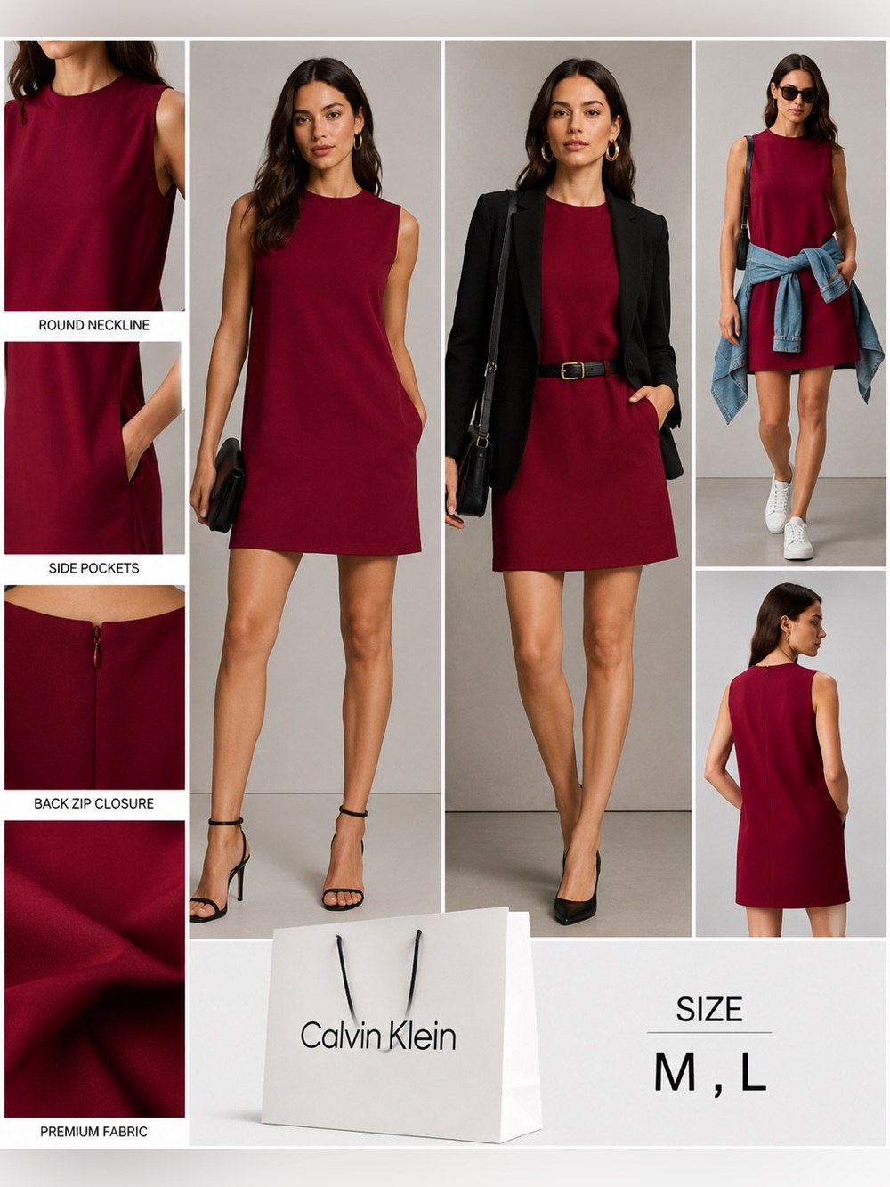 Calvin Klein Sleeveless Round-Neck Shift Dress in Burgundy Wine